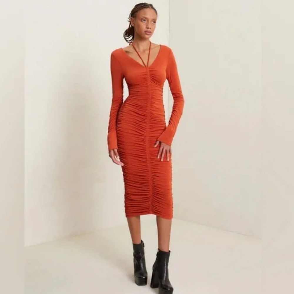 LOWEST PRICE ALC Rust Orange Ruched Vivien Midi Dress sz XS